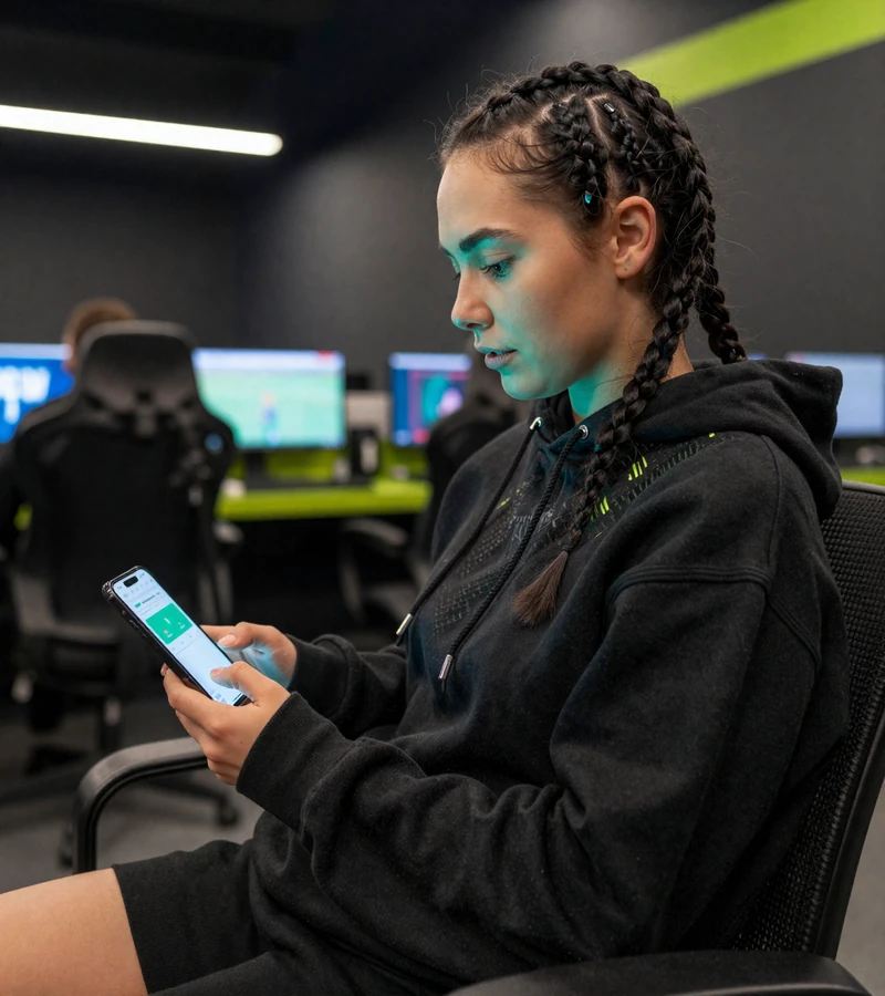 Frau mit geflochtenem schwarzen Haar in Oversized-Hoodie mit Smartphone-Krypto-Wallet in Stadion-Tech-Lounge