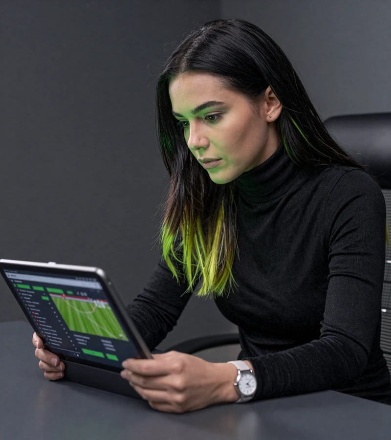 Model am dunklen Schreibtisch mit Tablet f&uuml;r Live-Wetten und Bundesliga-Quoten