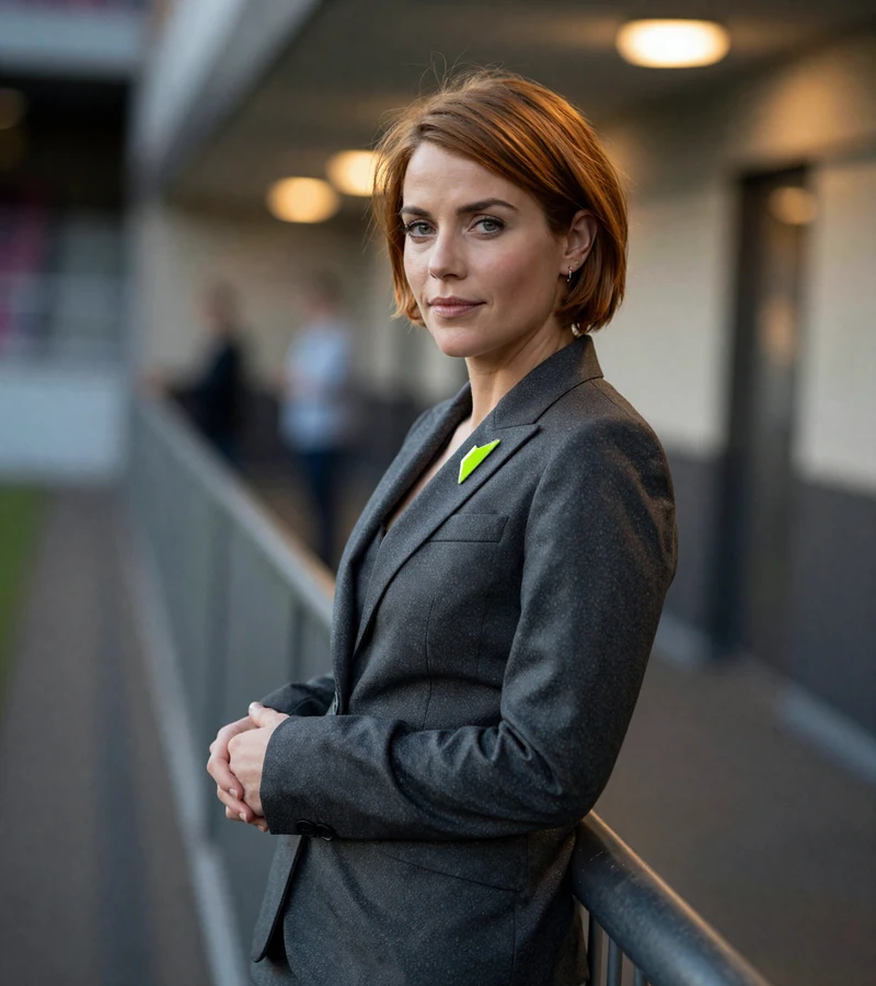 Frau im eleganten Anzug im VIP-Korridor des Stadions mit warmen Bokeh-Lichtern