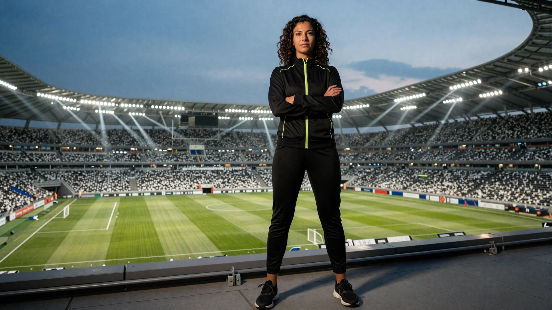 Model in sportlicher Kleidung auf Stadion-Dachterrasse mit Panoramablick auf flutlichtbeleuchtetes Fu&szlig;ballfeld bei D&auml;mmerung