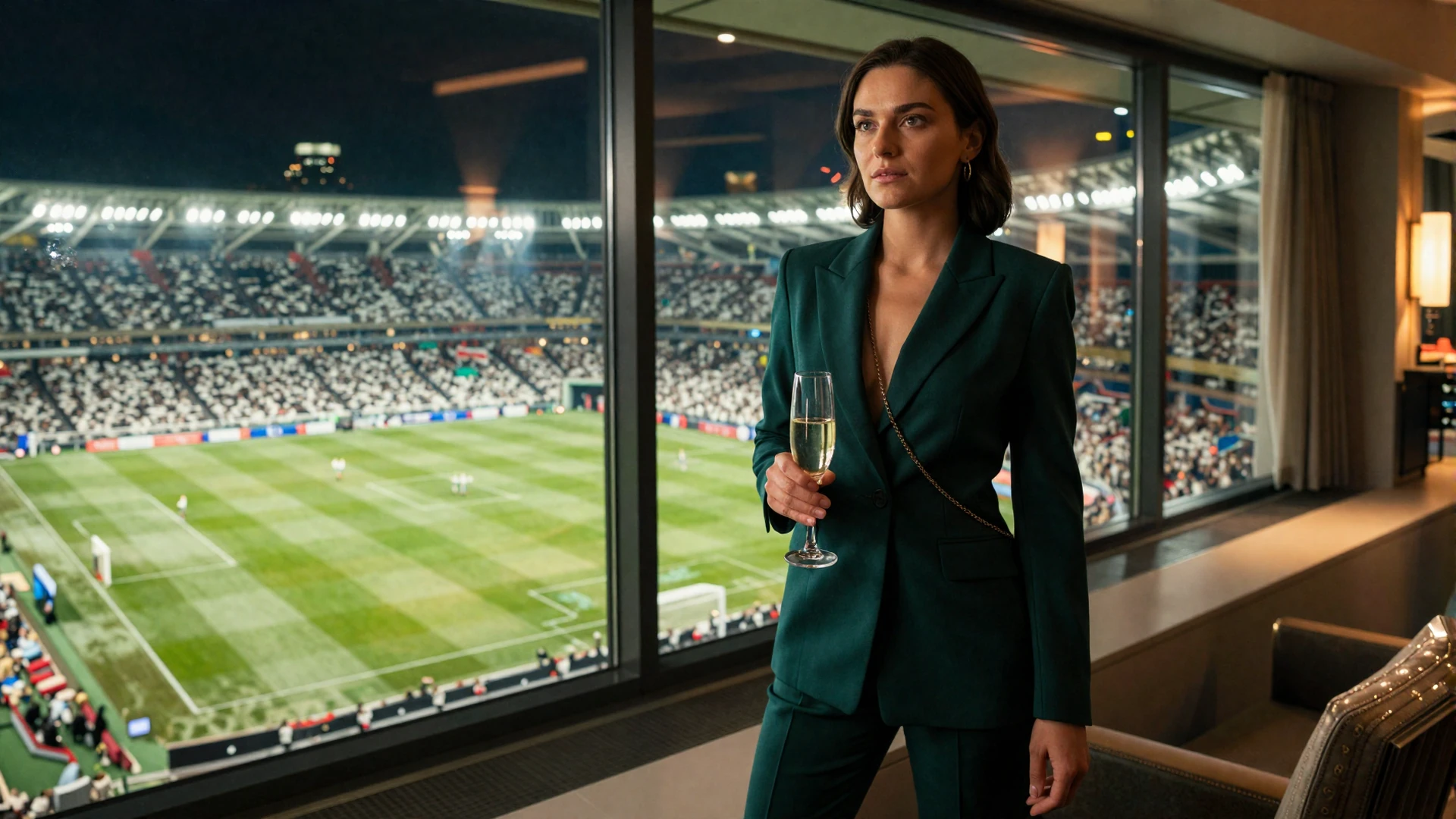 Model in eleganter Sportkleidung in VIP-Stadionloge mit Blick auf flutlichtbeleuchtetes Fu&szlig;ballfeld bei Nacht