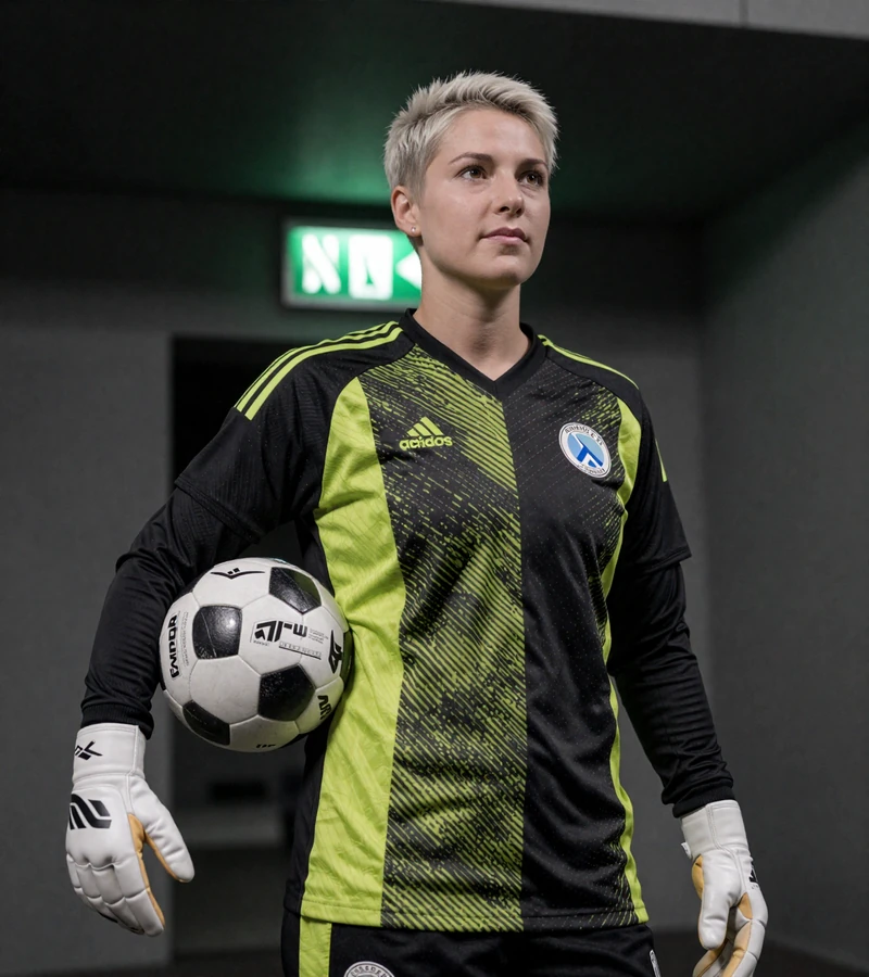 Model in Torwart-Trikot mit Fu&szlig;ball im Stadiontunnel beim Bundesliga tippen